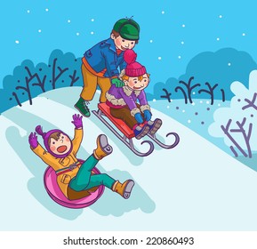 Tree Children tobogganing from the hill . Snow. Winter activities. Isolated objects on Snow Winter background. Great illustration for school books and more. VECTOR.