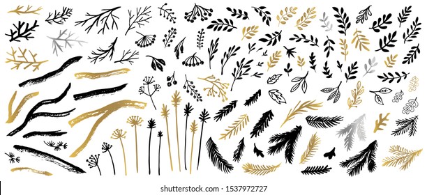 Tree Christmas tree branches golden silver brush strokes sketch markers pen. Floral leaf different plants leaves collection. Hand drawn vector illustration.