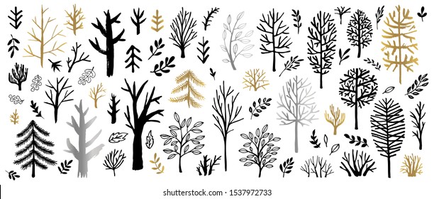 Tree Christmas tree bushes forest color golden brush strokes sketch markers pen. Floral leaf different plants bush collection. Hand drawn vector illustration.
