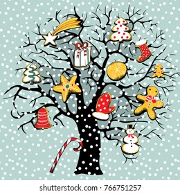 Tree with christmas cookies. Snowing. Vector illustration on light blue background