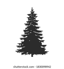 Tree, Christmas fir tree, black silhouette isolated on white background. Vector, spruce tree silhouette, vector illustration