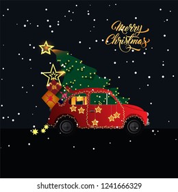 The tree Christmas and gift box on red car