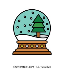 tree in christmas globe and snow falling vector in filled design
