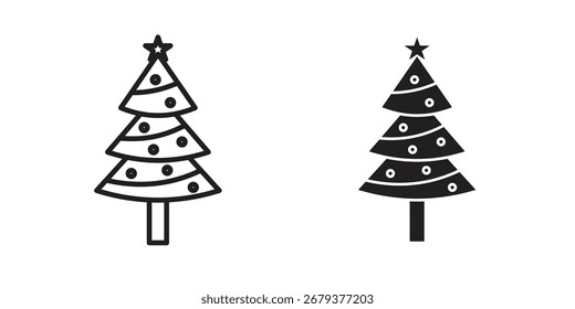 Icono de navidad del árbol plano y paquete de estilo de trazo sobre fondo blanco. Ilustraciones vectoriales