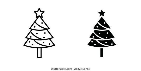 Tree christmas icons pack vectors in black flat and strokes