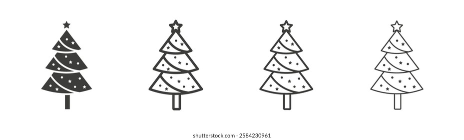 Tree christmas icons set. Liner outlined and flat black color