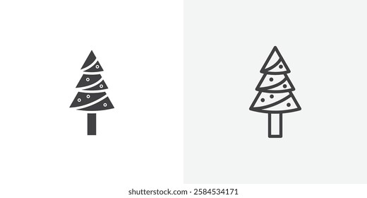 Tree christmas icons vectors illustrations in black fill and liner versions