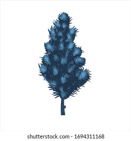 Tree Christmas silhouette isolated on white background. Abstract collage with a frosty closeup pattern. Hand drawn watercolor illustration for festive New Year 2020 design and Christmas products, card