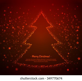 Tree of circles and stars on the red background, Halftone effect. Merry christmas illustration