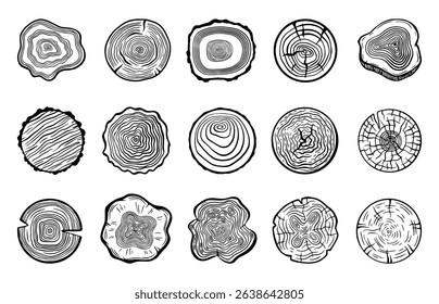 Tree circles. Wood slices with rings, cutting woods. Nature timber textures in circular shapes. Trees trunks materials, neoteric doodle vector set