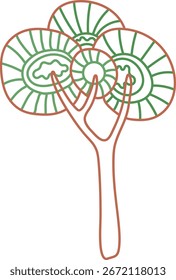 A tree with circular, patterned leaves in a simple line art style. The branches extend to support the uniquely designed foliage. Cartoon vector illustration.