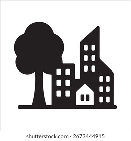  Árbol en Vector de silueta de icono de ciudad con fondo blanco.