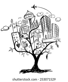 Tree of city life illustration pencil drawing vector