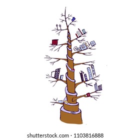 tree with a city on branches and a serpentine road. graphic illustration
