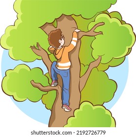 tree climbing boy vector illustration