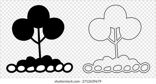 Árbol con dosel de nubes y tronco segmentado Silueta y contorno