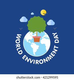 Tree with clouds and birds with round text label. World Environment Day vector illustration