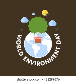 Tree with clouds and birds with round text label. World Environment Day vector illustration