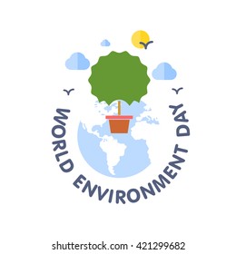 Tree with clouds and birds with round text label. World Environment Day vector illustration