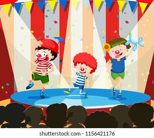 Tree clown perform on stage illustration