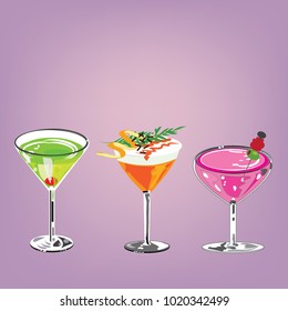 Tree cocktail on light violet background.