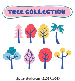 Colección de árbol. Estilo Doodle. Ilustración de vector plana.
