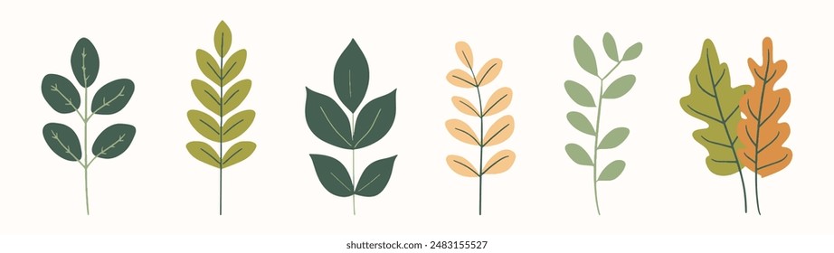 Colección de árbol dibujado a mano elemento de diseño plano. conjunto botánico de árboles desnudos y unos con hojas y exuberante color pastel limitado
