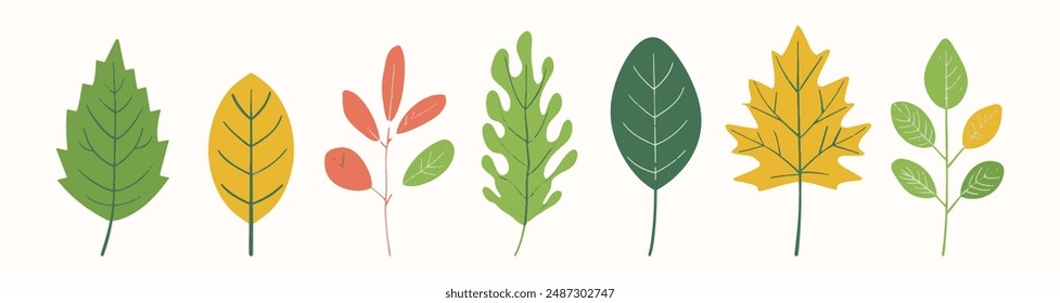 Tree collection hand drawn flat design element. botanical set of bare trees and ones with leaves and lush limited pastel color