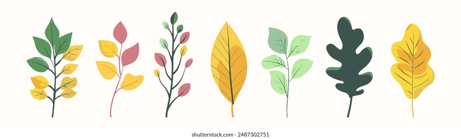 Tree collection hand drawn flat design element. botanical set of bare trees and ones with leaves and lush limited pastel color