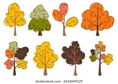 Tree collection in hand drawn flat style. Artistic autumn trees elements set. Fall forest tree icons in orange, yellow and brown colors. Woods doodle symbols set.