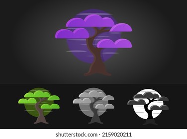 Tree Collection on a Dark Background. Simple Tree with Alternate Color Variation