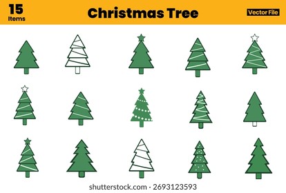 Tree Collection Vector Set Featuring Ten Green Christmas Tree Icons with Unique Decorations, Stars, and Layered Branch Designs