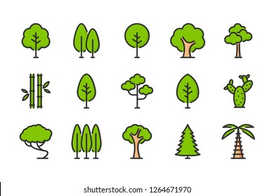 Tree color line icons. Plant vector linear colorful icon set. Isolated icon collection on white background.