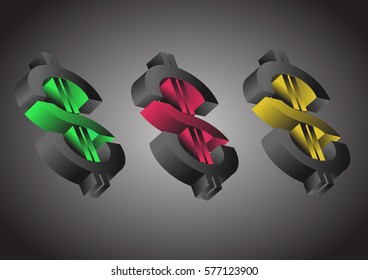 Tree color style of 3D dollar sign symbol with illuminating isolated on the center part.