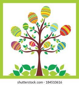 Tree with colored Easter eggs on a white background