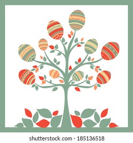 Tree with colored Easter eggs on a white background 