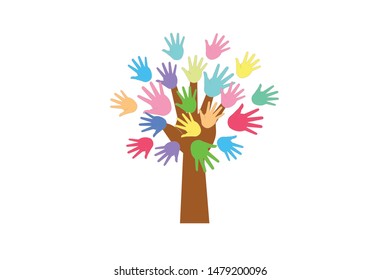 A tree of colored hands instead of leaves. The concept of goodness, help, support.