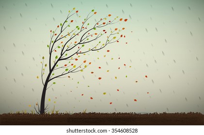 Tree with colored leaves falling  growing on soil under the rain, fairy autumn, vector