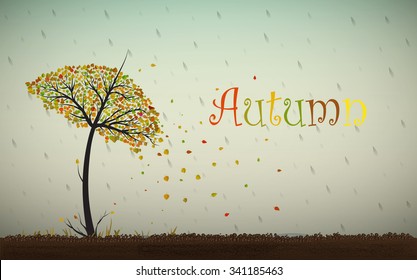 Tree with colored leaves like umbrella shape growing on soil under the rain and text, fairy autumn, vector