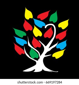 A tree with a colored leaves on a black background