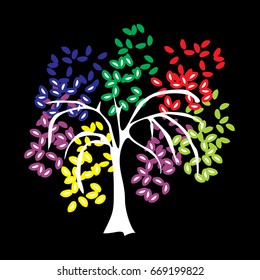 A tree with a colored leaves on a black background