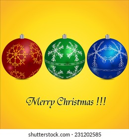 Tree colorful Christmas balls with snowflakes on them