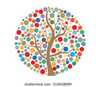 Árbol con puntos coloridos conceptos abstractos, ilustración abstracta Cuatro estacionesVector de árbol sobre un fondo blanco.