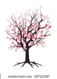 Tree with colorful flowers, drawing watercolor. Vector illustration.