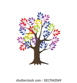 Tree with colorful leaves. Oak tree vector illustration. Isolated on white background.