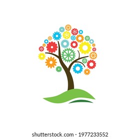 Tree with Colorful Mechanism Gear. Idea of Creative Thinking, Science and Nature Preservation.