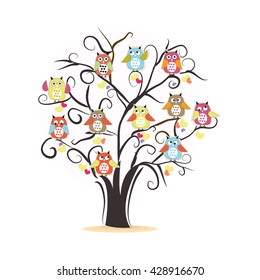 Tree. Tree with colorful owls vector background illustration