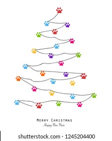 Tree with colorful paw print. Christmas pine tree. Merry christmas and happy new year greeting card