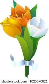 Tree colorful vector tulips with white ribbon. 8 march greeting card
