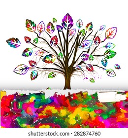 Tree with colorful watercolor leaves. Vector